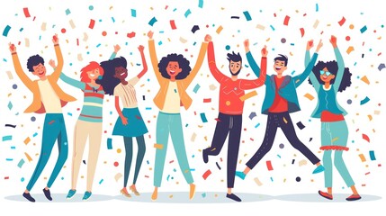 A group of diverse people celebrating with confetti falling around them.