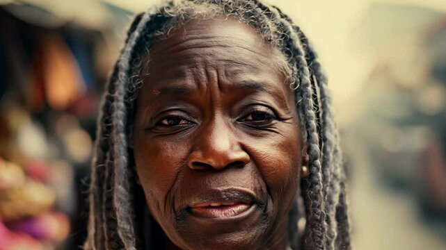 Close-up static video of elderly black woman with silver dreadlocks, dramatic side lighting, transitioning from doubt to a confident smile