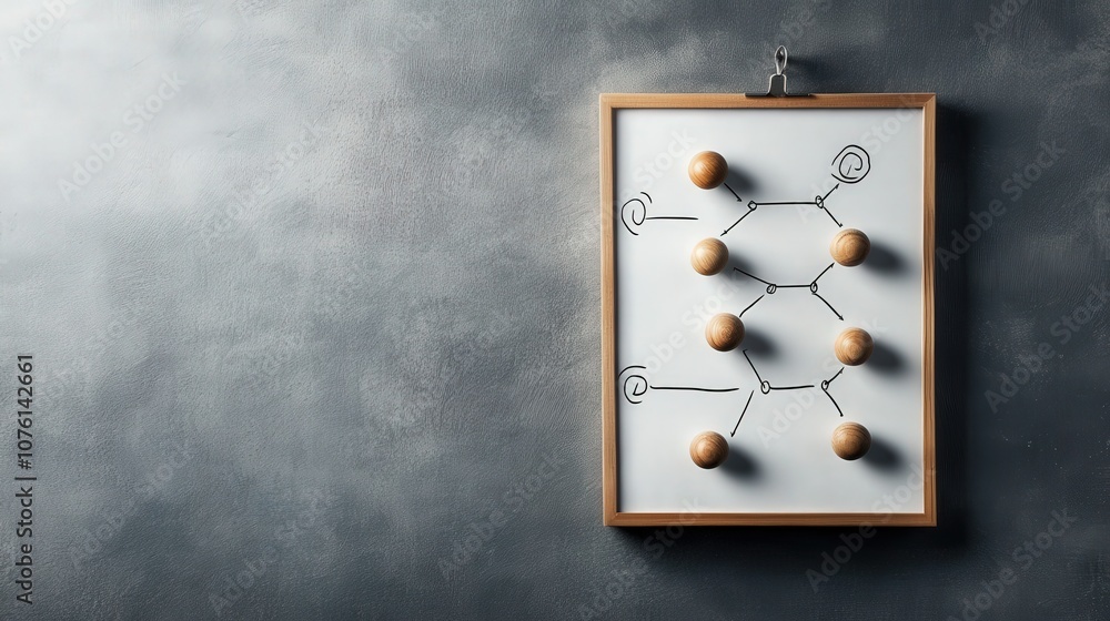 Aufkleber Abstract illustration of interconnected nodes and lines on a whiteboard, framed in wood against a textured gray wall, representing concepts of networking and collaboration.