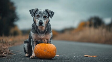 Gray dog sitting alongside a pumpkin on the road, creating a unique and captivating scene. This gray dog and pumpkin combine to form a delightful composition with photo style copy space.