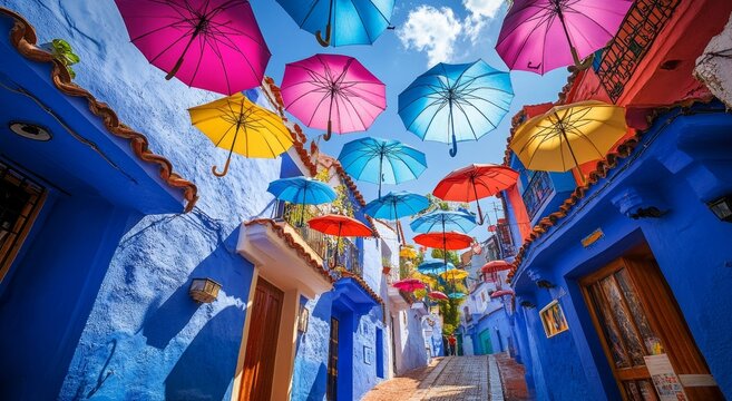 A vibrant street with blue buildings and colorful umbrellas hanging above.