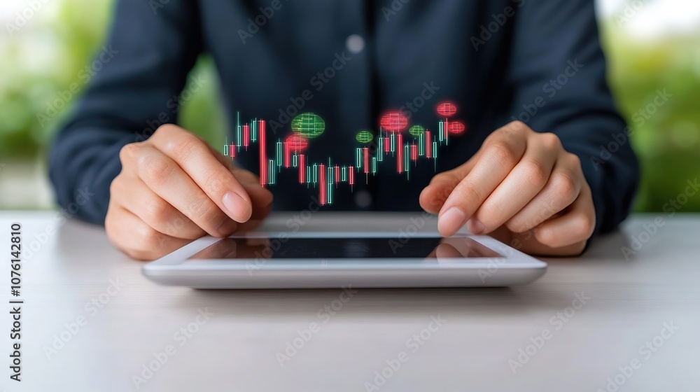 Poster hands of a business professional analyzing digital financial data on a tablet with chart graphics de