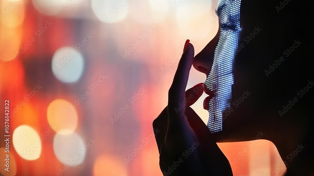 Poster artistic contemplation with light patterns projected on face silhouette against vibrant abstract bac