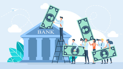 People queue at bank. Bank building on a white background, financing, money exchange, financial services, ATM, giving out money. Payouts. Finance crisis and banking problems. Vector illustration