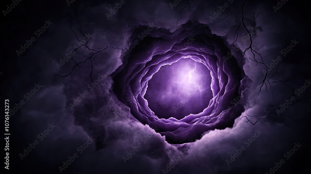 Poster ethereal deep purple swirling clouds with a bright light source at the center creating a mysterious 