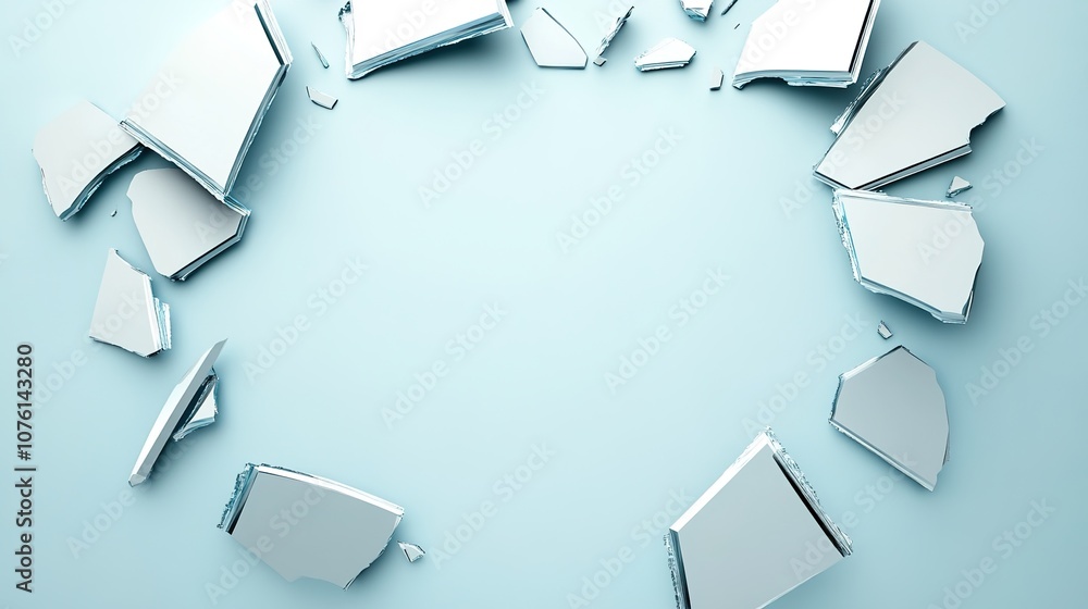 Poster circular arrangement of broken mirror pieces on a light blue background creating a unique abstract d