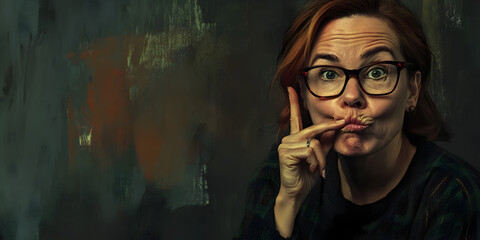 Fototapeta premium Playful Portrait: A whimsical woman with glasses makes a funny face, her finger playfully touching her lip. The painterly style portrait exudes charm and personality. 