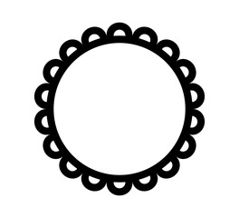 Scalloped edge circle frame. Simple round scalloped border. Fabric lace pattern frame. Repeat cute vintage frill ornament. Texture ribbon. Vector illustration isolated on white background.