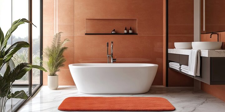 Chic and graceful orange terracotta bath mat made from microfiber, combining style and elegance for your bathroom decor. Perfect for a touch of sophistication!