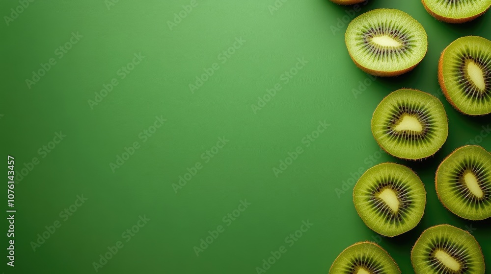 Poster vibrant fresh kiwi fruit halves arranged on an abstract green background captured from a top-down pe