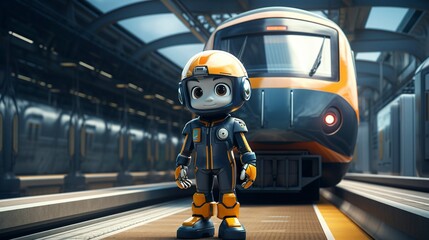 Fototapeta premium A photo of a 3D character standing in front of a modern train