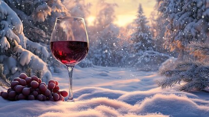 Red wine with fruity notes and a woodsy aroma set against a snowy winter background, creating a cozy atmosphere perfect for winter moments. The rich details of the red wine enhance the scene.