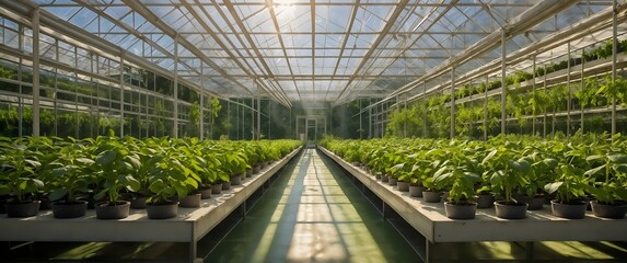 Fototapeta premium Large greenhouse for hydroponic farming, lush plants in neat rows under warm, sunlit glass roof, inside of a greenhouse