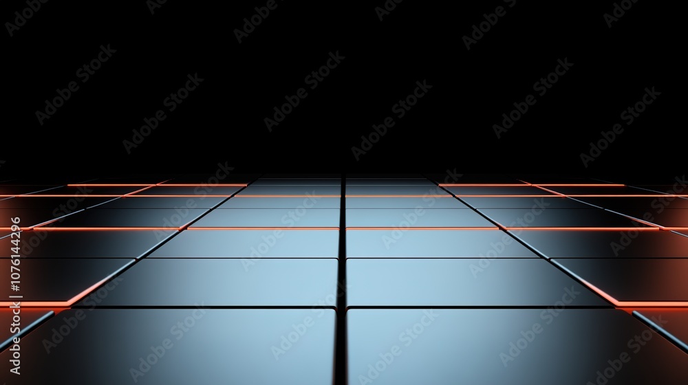 Poster abstract futuristic scene featuring a reflective grid floor with glowing lines illuminated against a