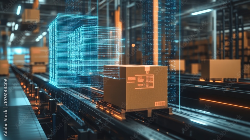 Poster a cardboard box moves along a conveyor belt in a warehouse with a blue holographic image of a barcod