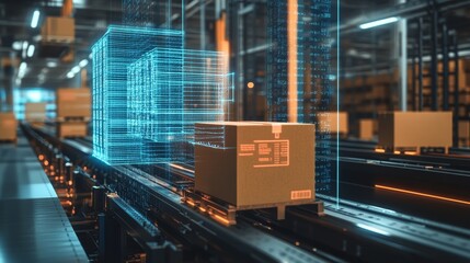 A cardboard box moves along a conveyor belt in a warehouse with a blue holographic image of a barcode.