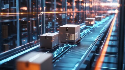 Three cardboard boxes on a conveyor belt in a futuristic warehouse, with blue lights and data visualizations.
