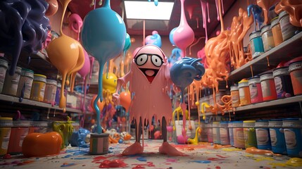 Naklejka premium Astronaut standing amidst colorful balloons and barrels in a whimsical, surreal setting.