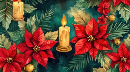 Poinsettias and Candles on Green Background