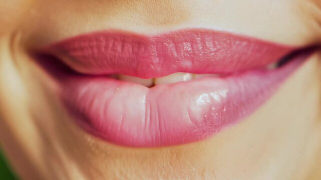 Close-up video of lips forming a gentle smile under soft, diffused light, with subtle creases at the corners of the mouth as the smile widens