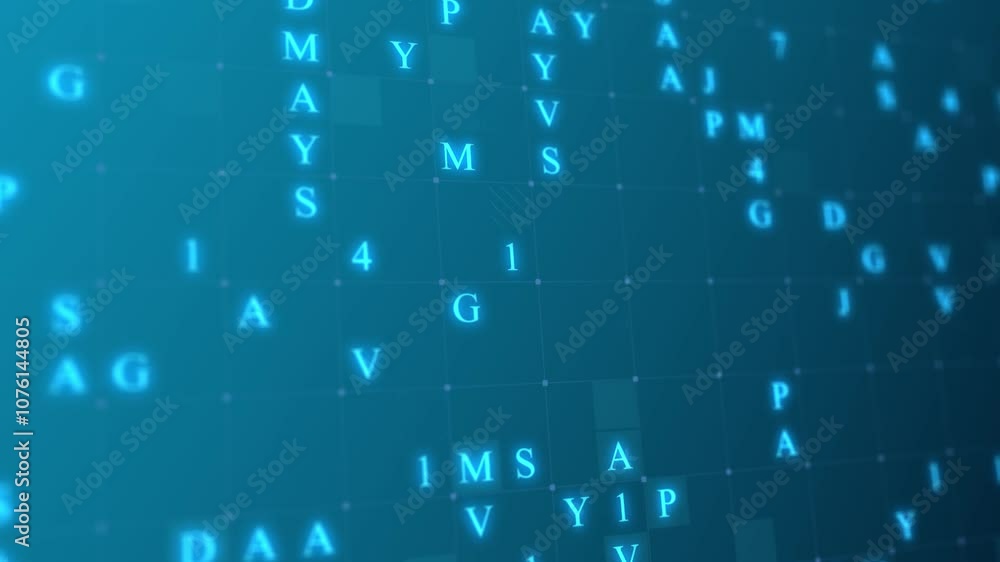 Poster blue glowing letters and numbers matrix abstract background, horizontal composition. technology back
