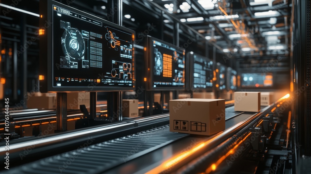 Poster a cardboard box moves along a conveyor belt in a futuristic warehouse with multiple computer monitor