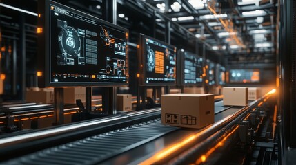 A cardboard box moves along a conveyor belt in a futuristic warehouse with multiple computer monitors showing data and processes.