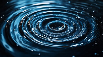 A blue water droplet with ripples and splashes