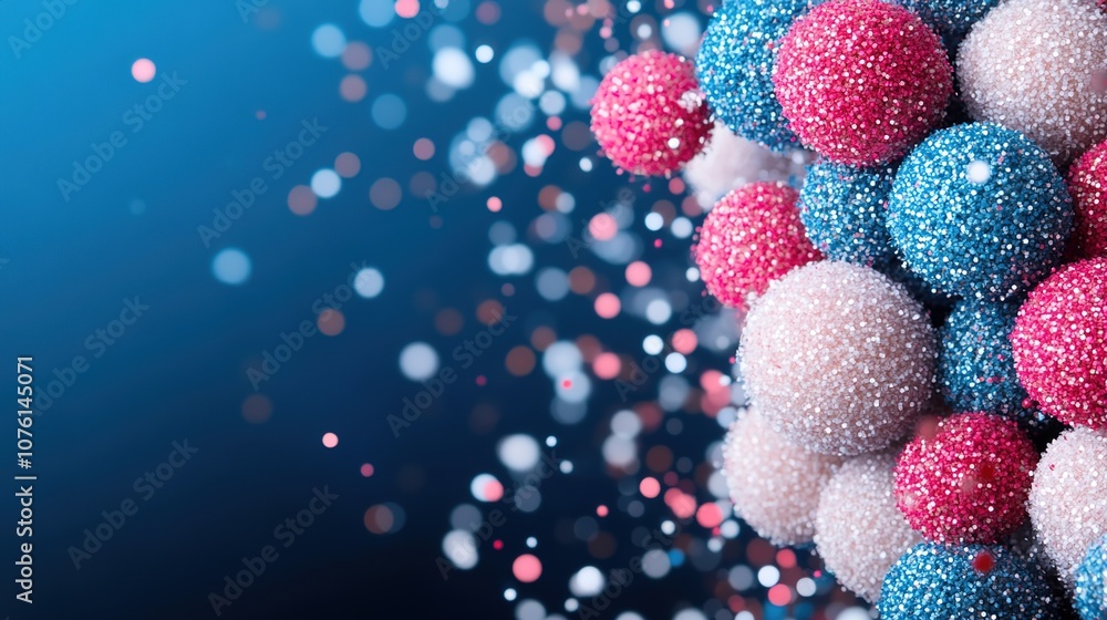 Poster colorful three-dimensional spheres with sparkling textures floating against a soft blue background, 
