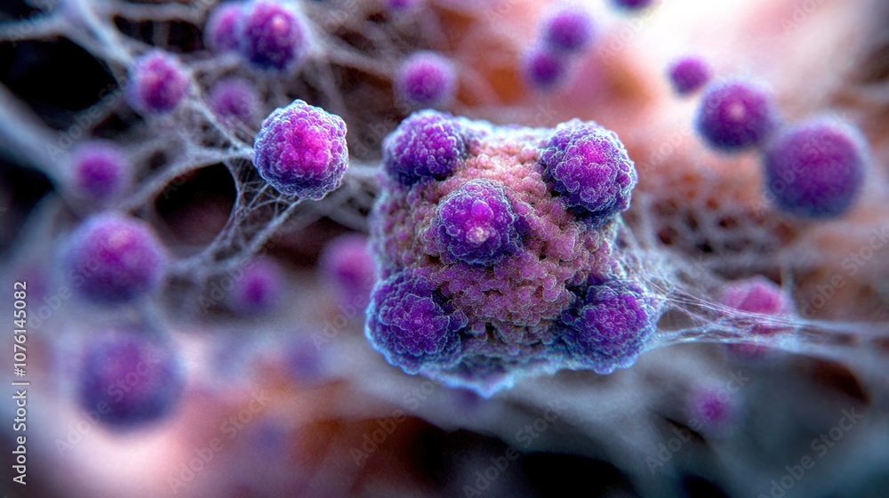 Poster magnified view of colorful bacteria and microbes in a microscopic environment, capturing the intrica