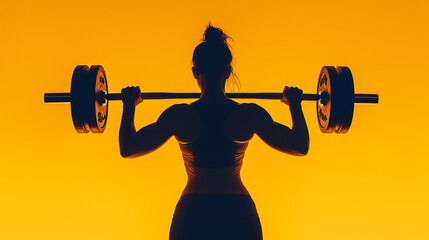 A woman stands confidently, raising a barbell above her head, showcasing strength and determination against a bright orange background during a workout.