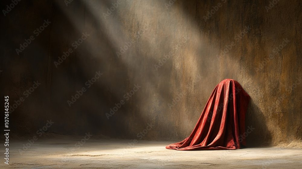 Poster mysterious red cloth draped against wall in dim light, evoking emotions of solitude and contemplatio