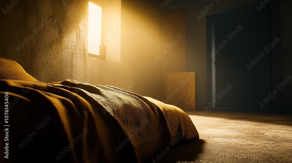 Poster serene interior scene with soft morning light filtering through a window, casting gentle shadows on 