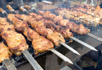 A plate of meat is being cooked on a grill