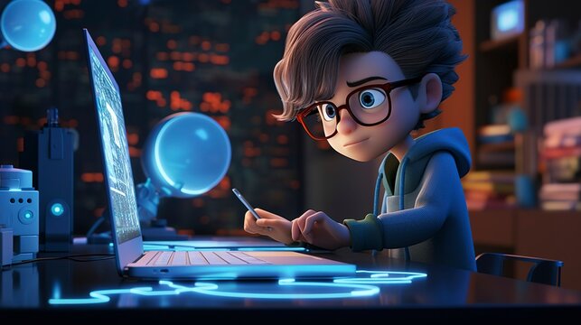 Animated young male character working late at night on computer