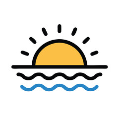 Sunrise over water icon illustration, Vector illustration of a sunrise over wavy water, featuring a yellow sun and blue waves, representing morning, nature, and the sea.
