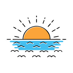 Sunrise over ocean vector illustration, Colorful vector illustration of a sunrise over the ocean, depicting a peaceful scene with sun rays and waves.
