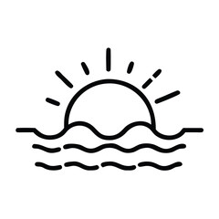 Sunrise icon with waves outline, Vector outline icon of a sunrise with wavy lines, representing dawn, ocean view, and morning light in a minimalist design.

