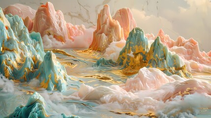 Traditional pink and gold 3d landscape painting poster background