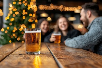 A glass of beer sits on a wooden table with blurred festive lights and happy friends chatting in the background.