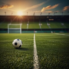 Fototapeta premium Soccer field or Football field with soccer ball on green grass background