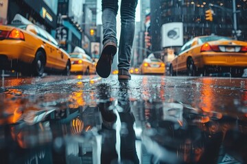 Obraz premium captures the hustle and bustle of city life through the reflection of a lone walker in the rain-soaked streets.