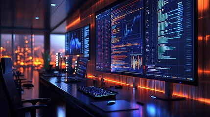 Side view of a team of programmers, multiple monitors displaying code and data visualizations, modern tech office setup with ambient blue lighting, collaborative and focused atmosphere,