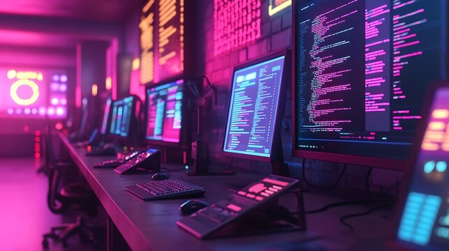 Side view of a tester running code on various devices, each displaying a different UI version, large monitor showing debugging output and error logs, vibrant tech office setting with neon reflections,