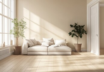 A minimalist living room with a white couch, two potted plants, and natural light streaming through a large window.