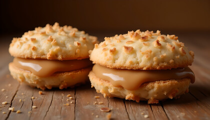 Alfajores with dulce de leche filling on rustic wood