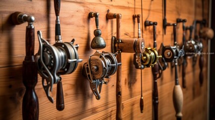 Fototapeta premium Antique Fishing Reels Displayed on a Wooden Wall