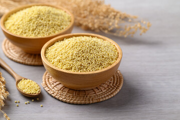 Organic yellow millet grain in wooden bowl with spoon on white table, Healthy food ingredient