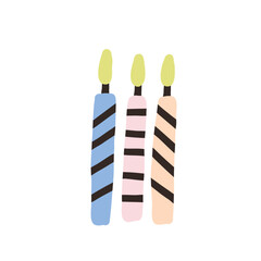 Illustration of three colorful striped candles with flames, depicting a festive and celebratory theme. Ideal for birthday celebrations, invitations, and festive decorations