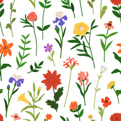 Naklejka premium Seamless floral pattern. Blooming flowers, endless background, botanical design. Summer blossoms, garden texture, print for fabric, wallpaper and wrapping paper. Colored flat vector illustration